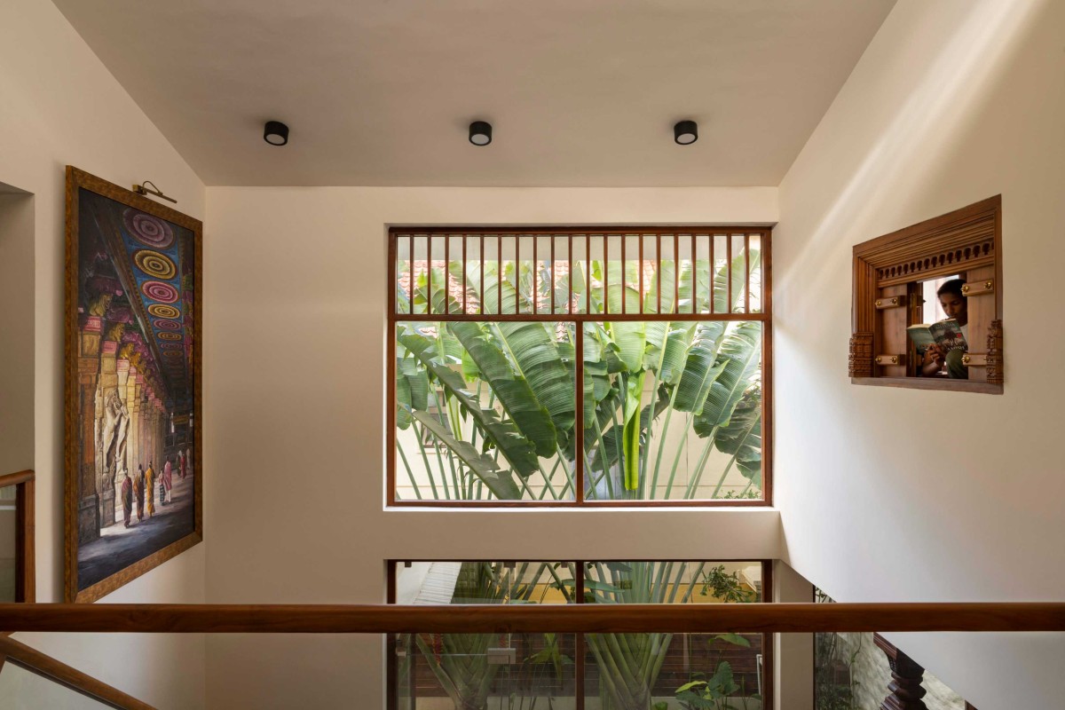 View from the first floor into the double height area overlooking the garden