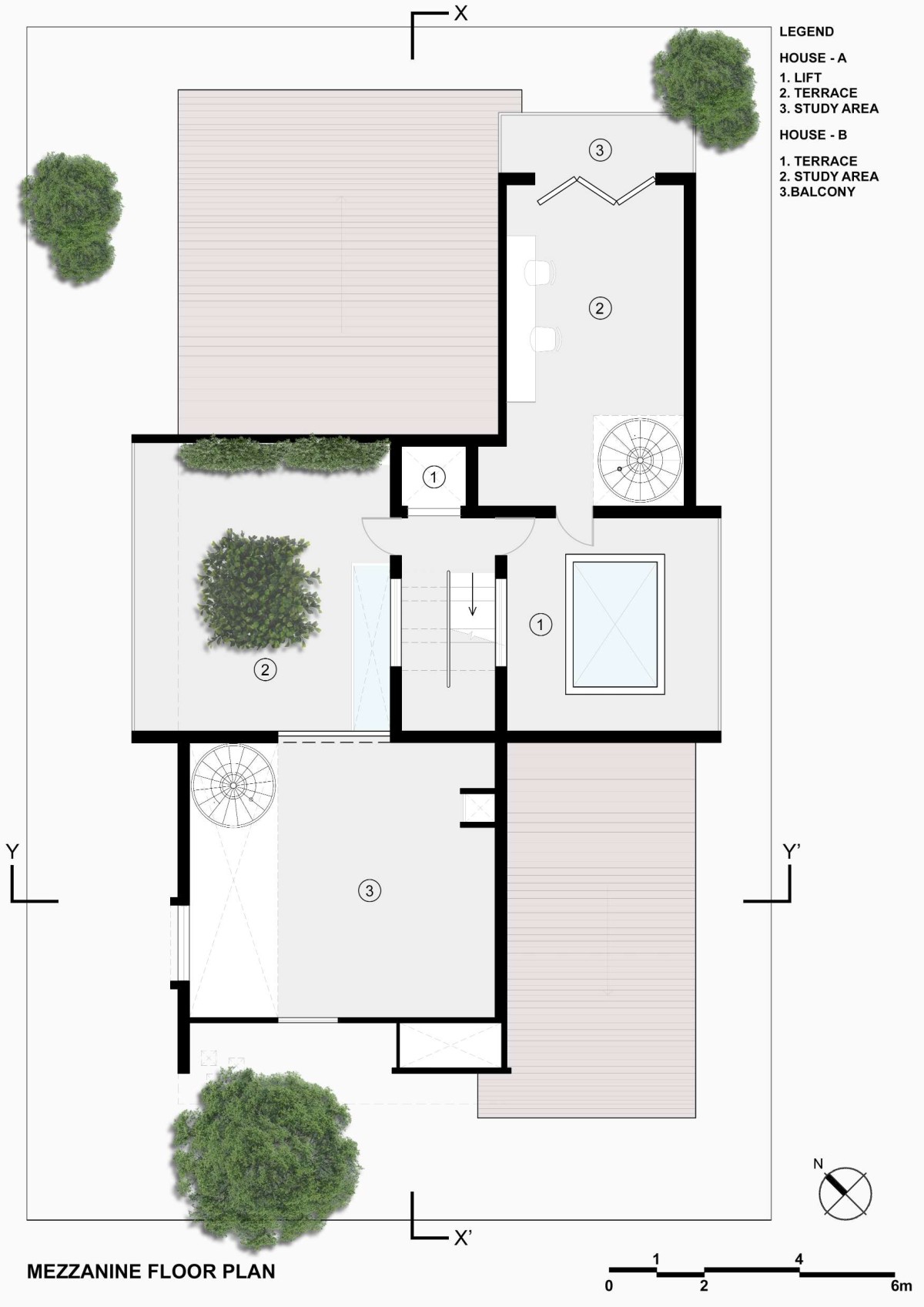 Mezzanine floor plan of Linear House by Int-Hab Architecture + Design Studio
