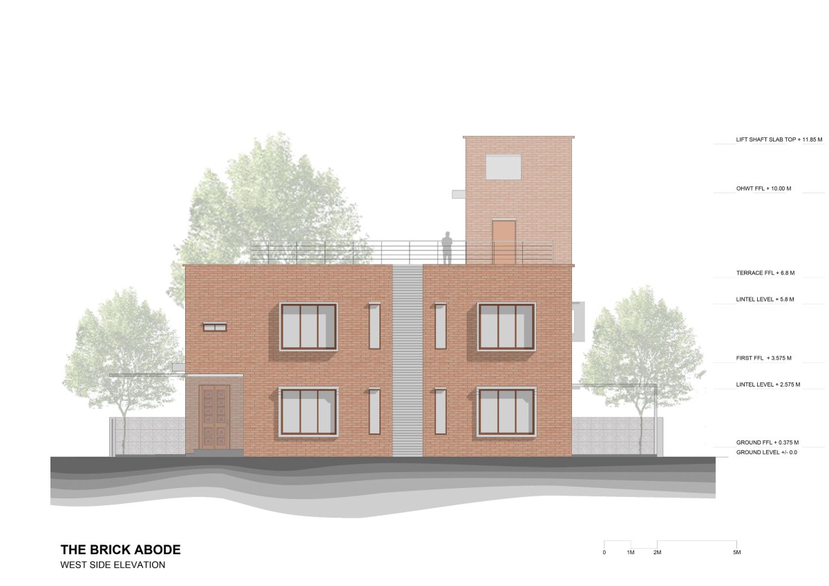 West Side Elevation of The Brick Abode by Alok Kothari Architects