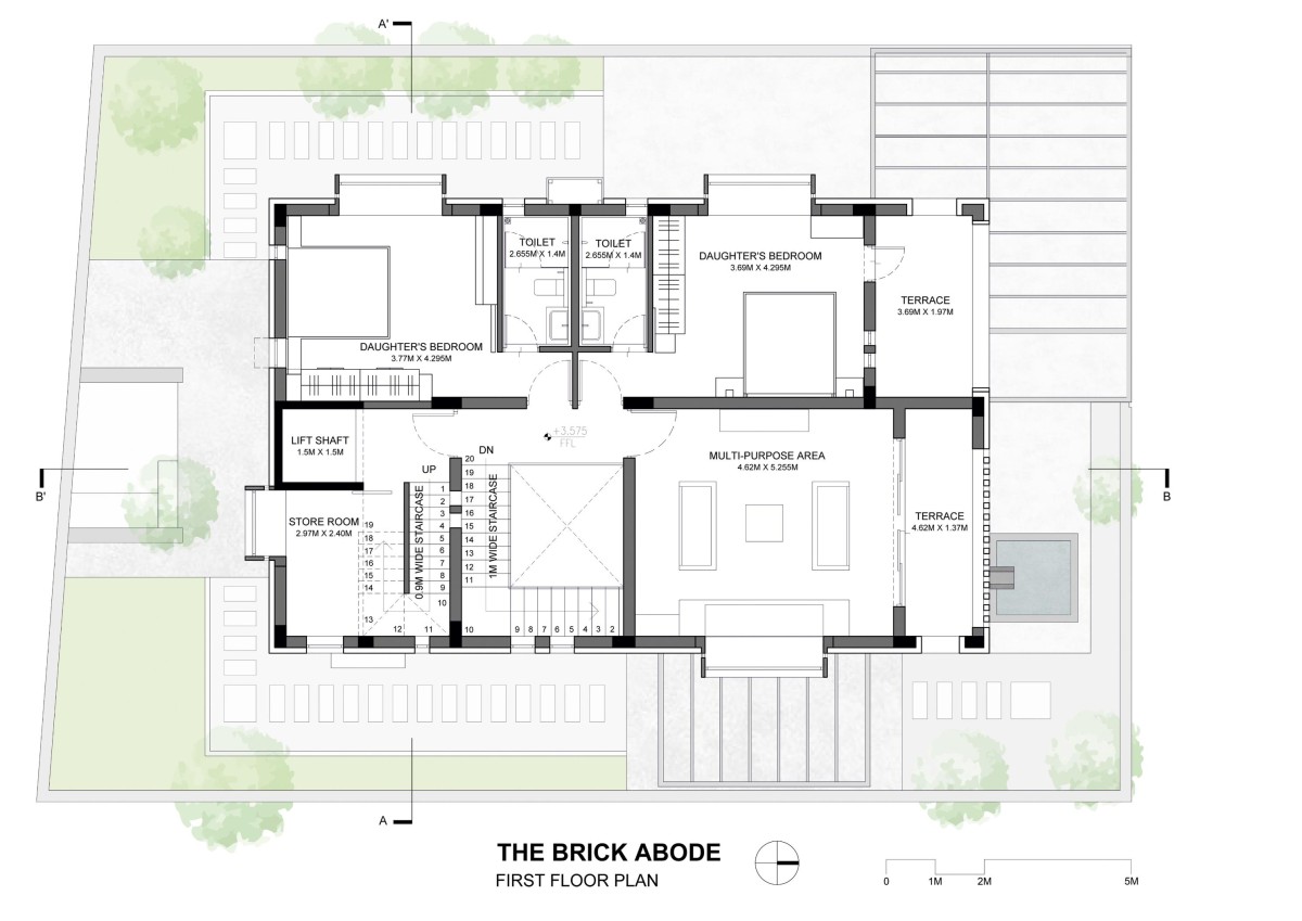 First Floor Plan of The Brick Abode by Alok Kothari Architects