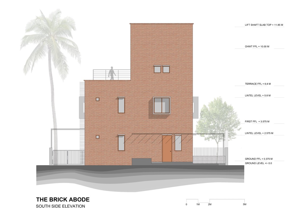 South Side Elevation of The Brick Abode by Alok Kothari Architects