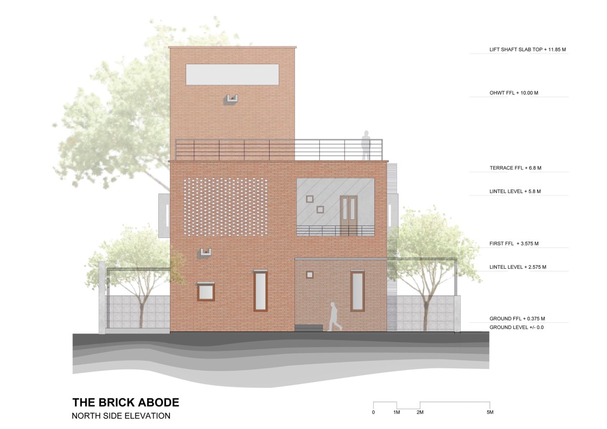 North Side Elevation of The Brick Abode by Alok Kothari Architects