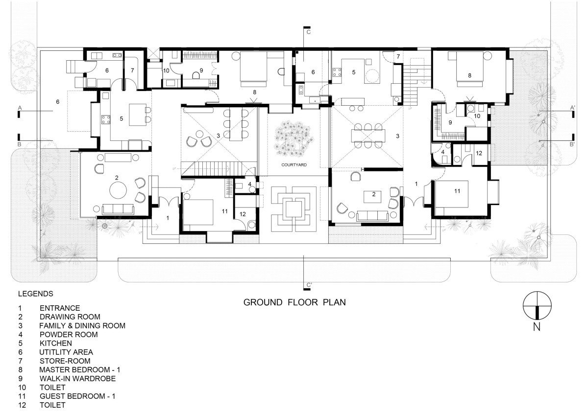 Ground floor plan of The Courtyard House by Atelier Varun Goyal
