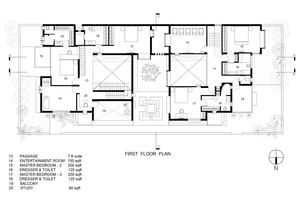 First floor plan of The Courtyard House by Atelier Varun Goyal