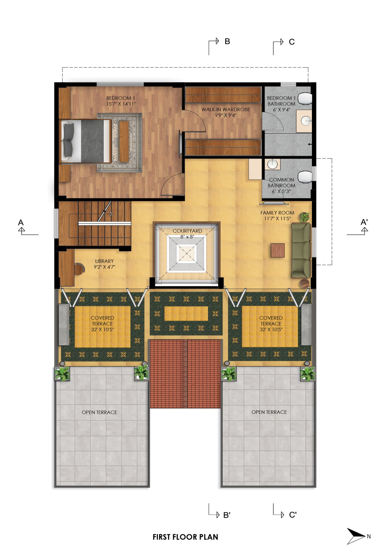 First Floor Plan of Courtyard House by Alkove-Design
