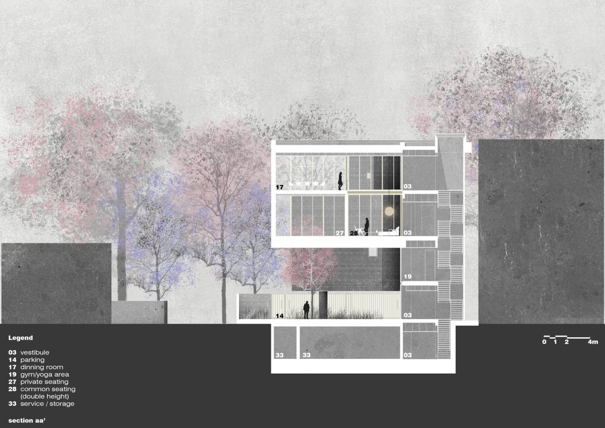 Section AA of The Three Mashrabiyas House by Matra Architects and Rurban Planners