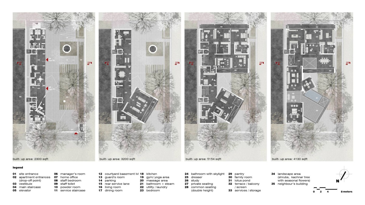 Floor Plans of The Three Mashrabiyas House by Matra Architects and Rurban Planners