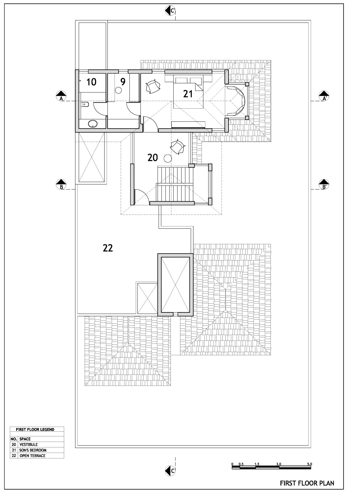First Floor Plan of Pujara House by Flamingo Architects + Nidhi Thacker and Associates