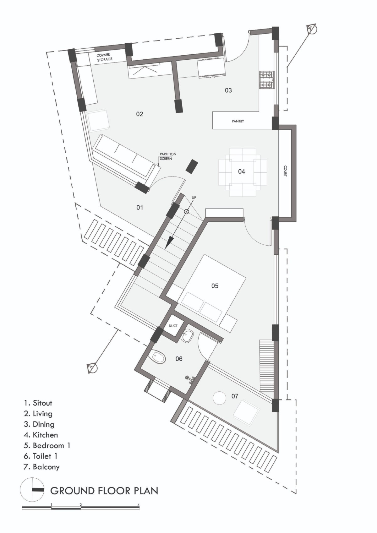 Ground floor plan of The N’Arrow House by Designloom Architects