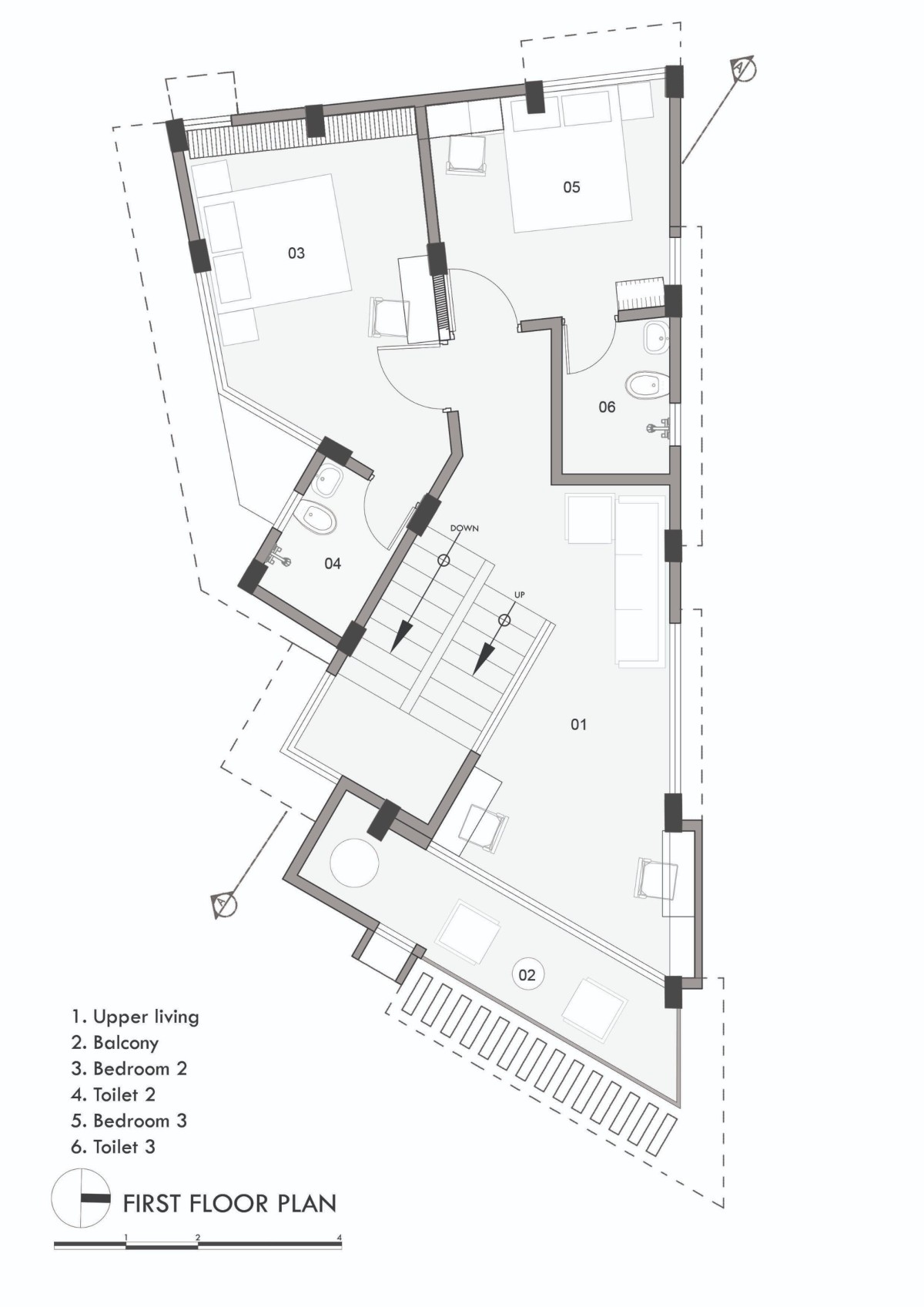 First floor plan of The N’Arrow House by Designloom Architects