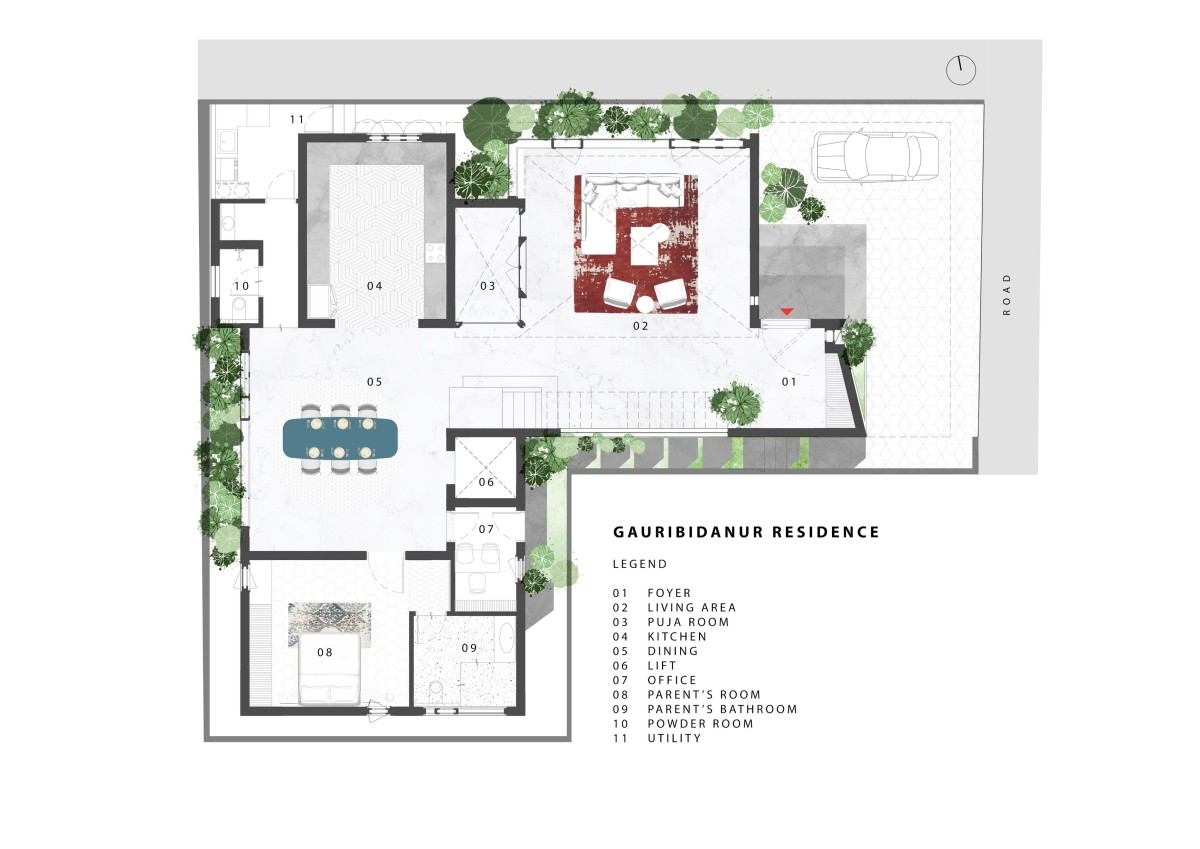 Ground Floor Plan of Gauribidanur Residence by Cadence Architects