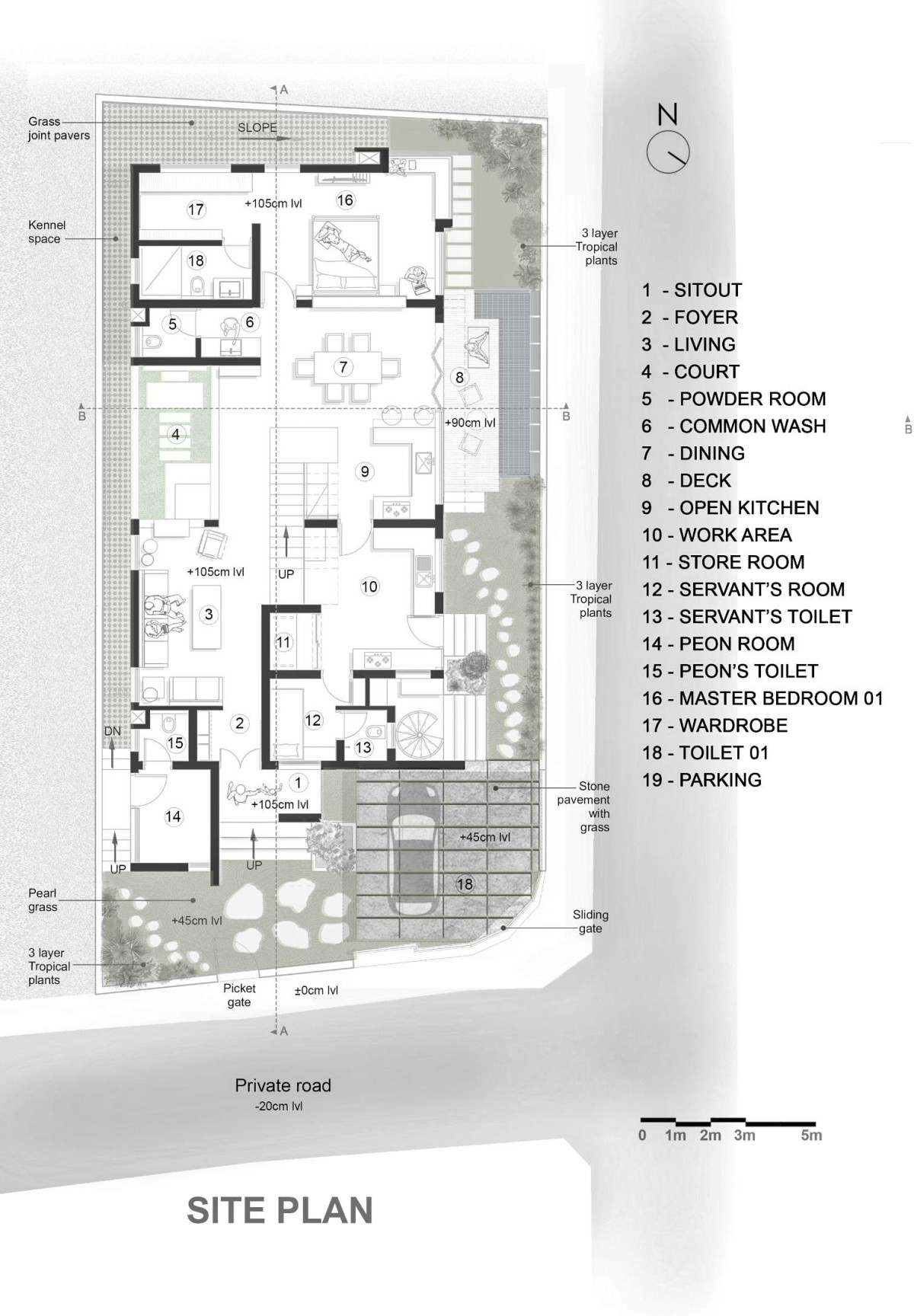 Site Plan of Carving a COURT OF QUIETUDE in a Bustling Cityscape by Mudbricks Architects