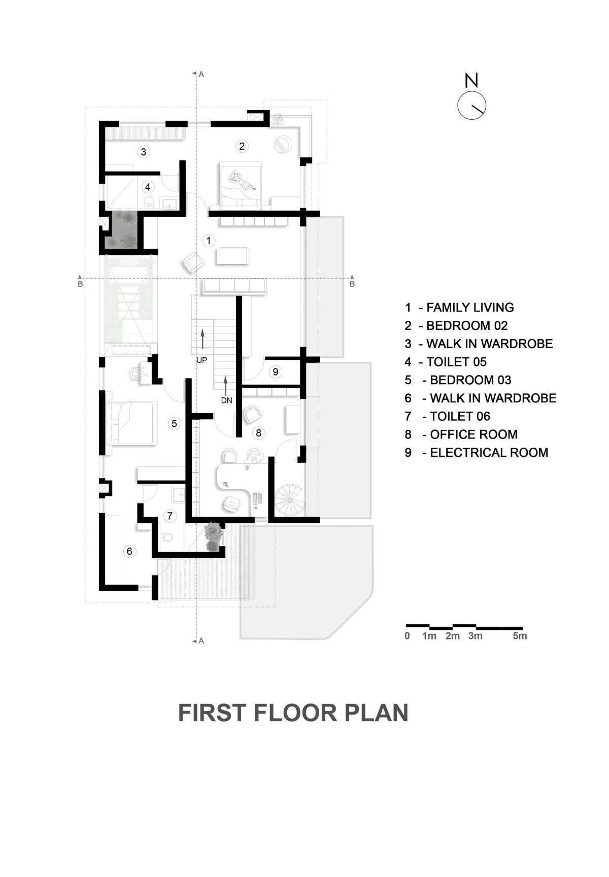 First Floor Plan of Carving a COURT OF QUIETUDE in a Bustling Cityscape by Mudbricks Architects