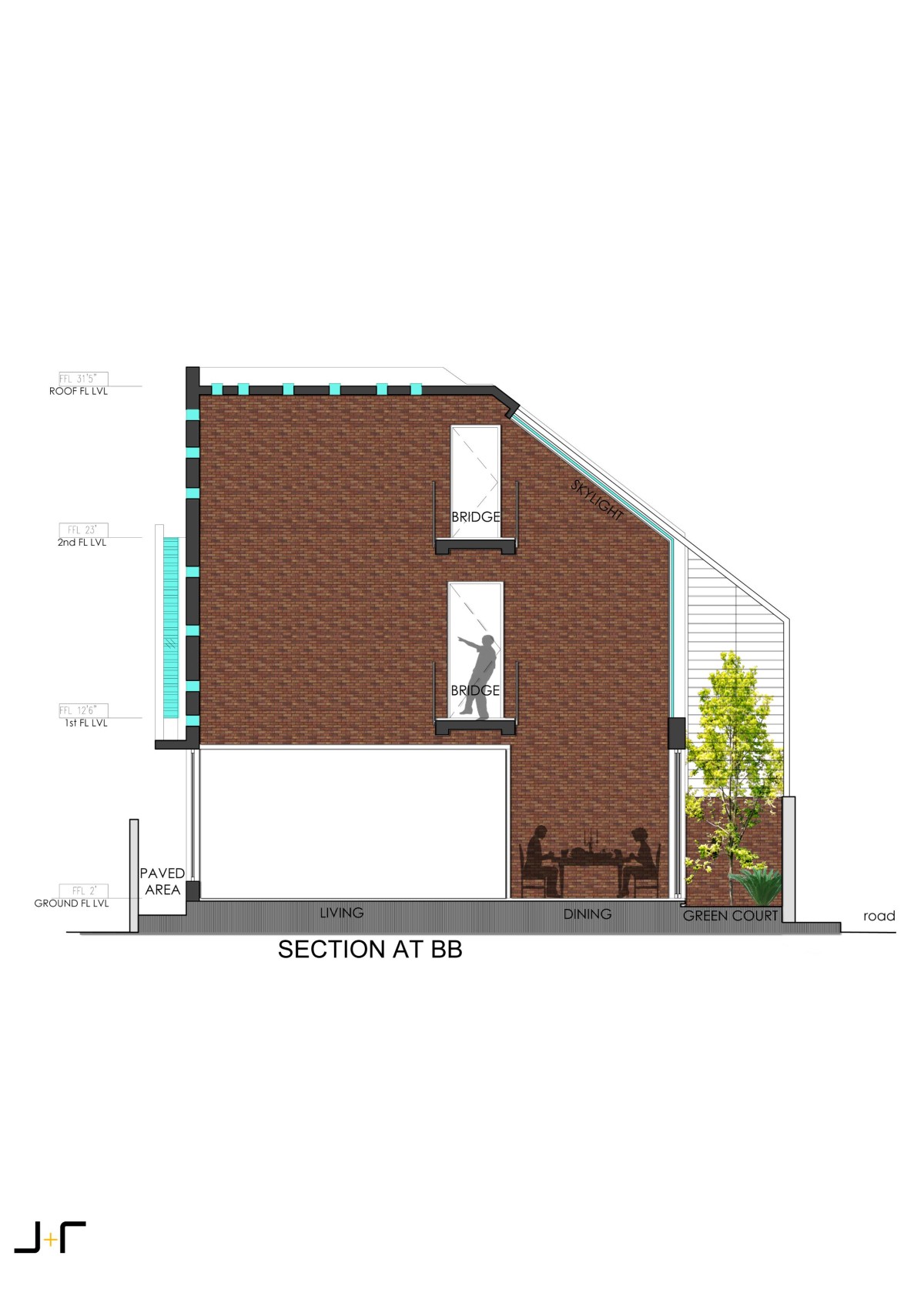 Section B of Corner Brick House by Jacob + Rathodi Architects