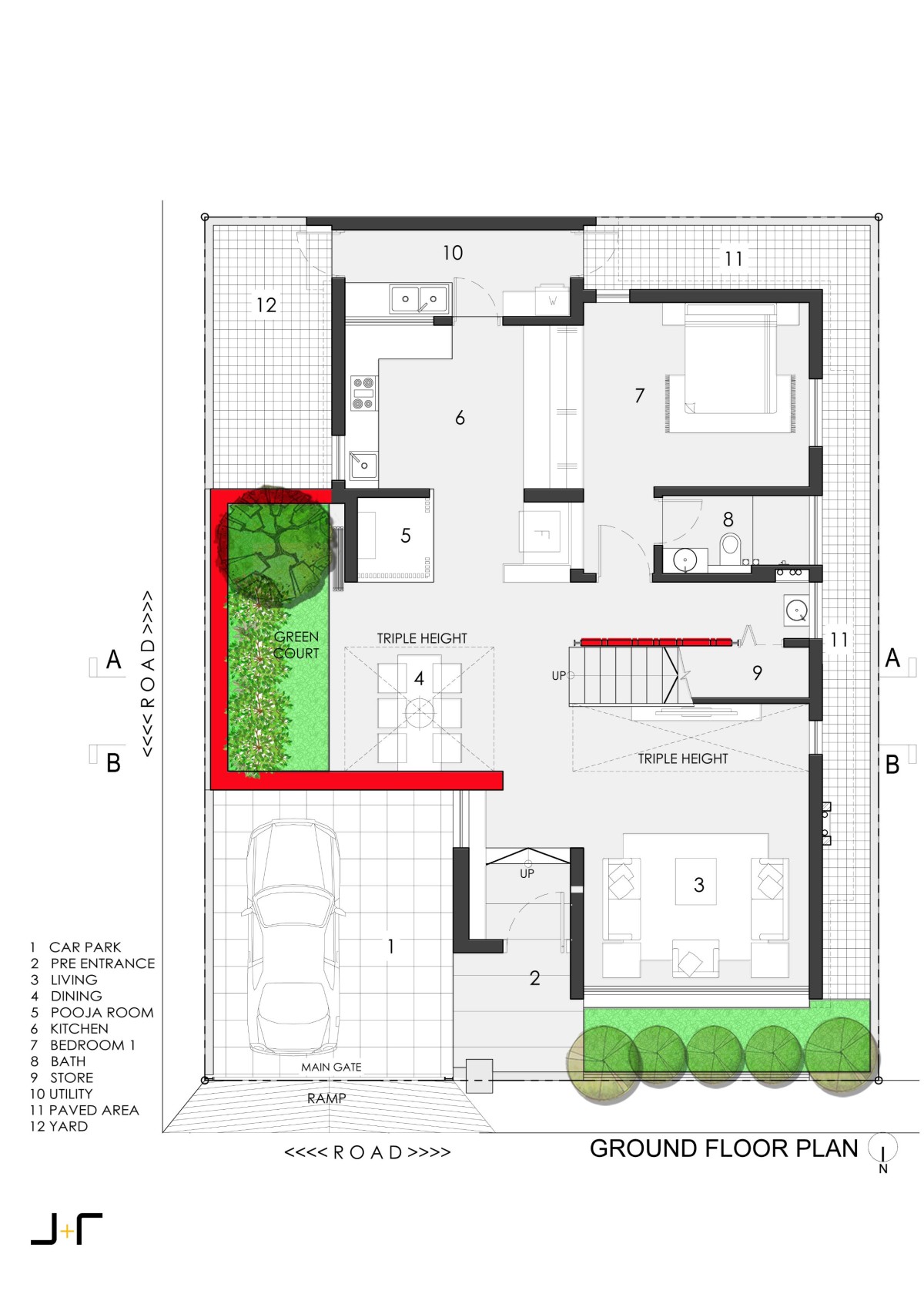 Ground Floor Plan of Corner Brick House by Jacob + Rathodi Architects