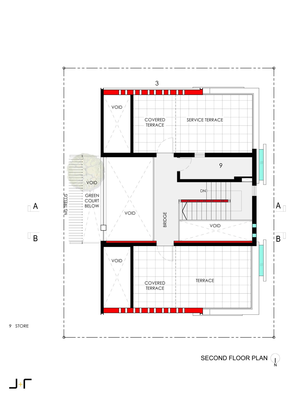 Second Floor Plan of Corner Brick House by Jacob + Rathodi Architects