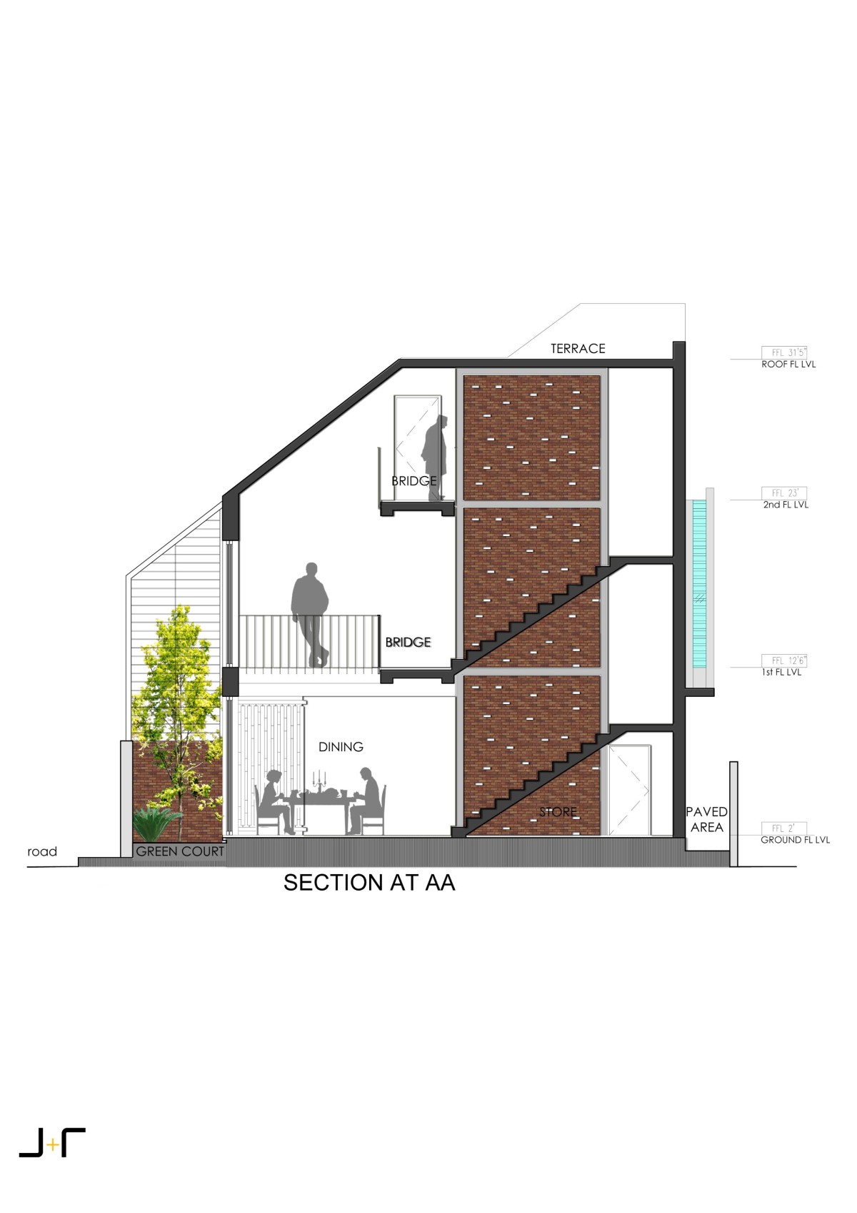 Section A of Corner Brick House by Jacob + Rathodi Architects