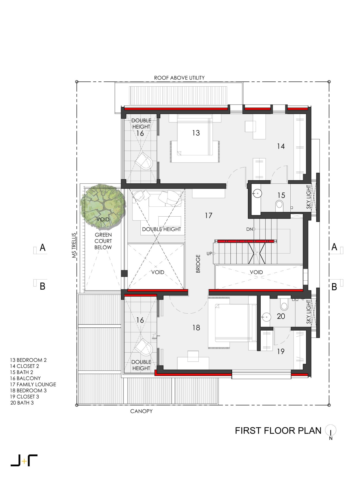 First Floor Plan of Corner Brick House by Jacob + Rathodi Architects