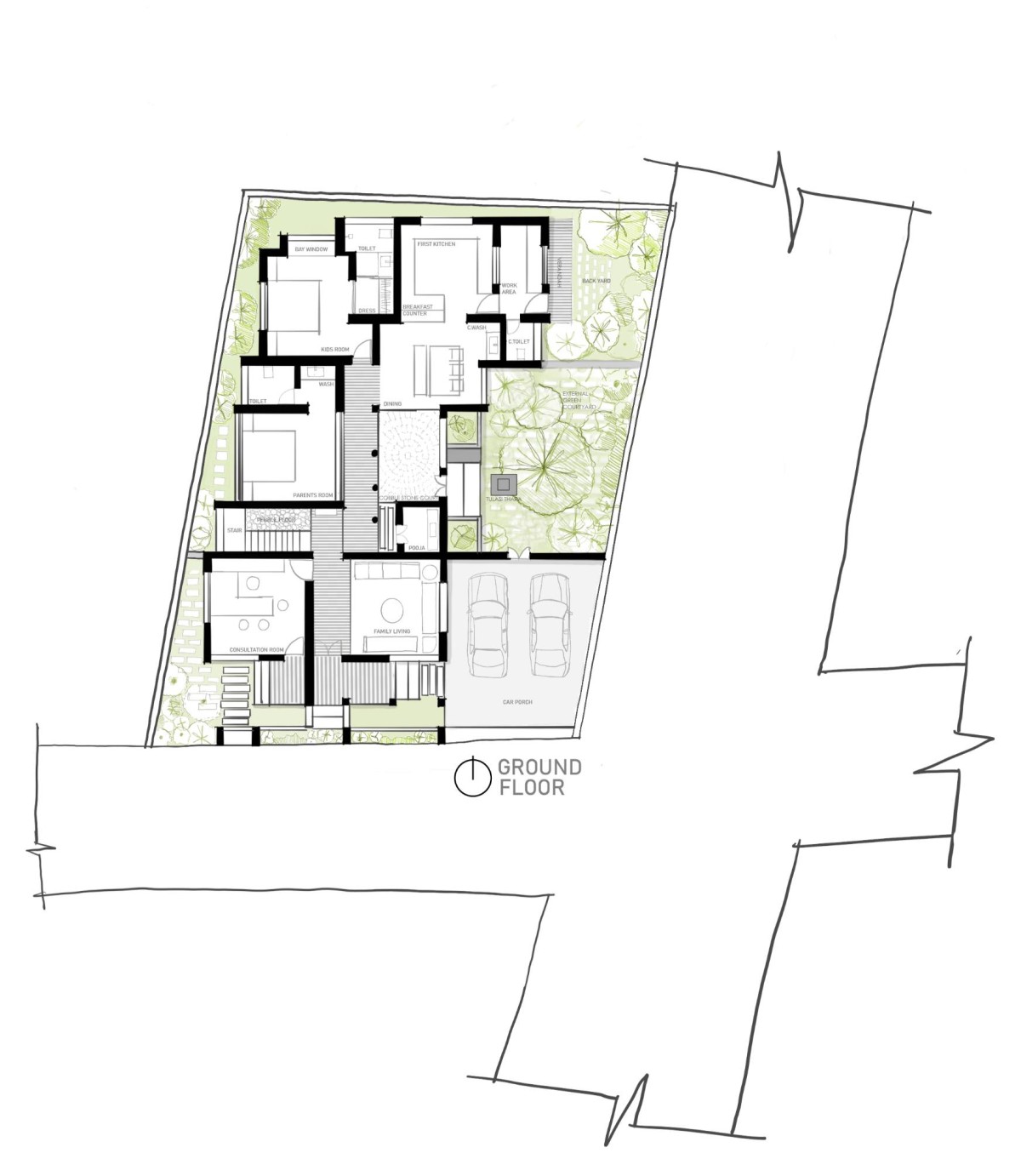 Ground Floor Plan of Sarada Vihar by 7th Hue Architecture Studio