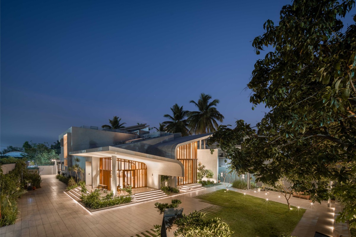 Dusk light exterior view of Hosapete Mane by Cadence Architects