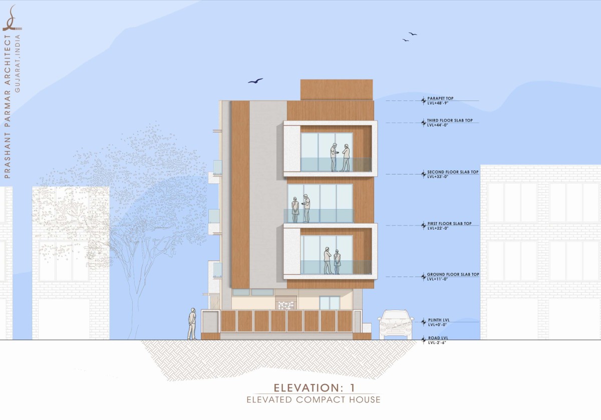 Elevation of Elevated Compact House by Prashant Parmar Architect  Shayona Consultant