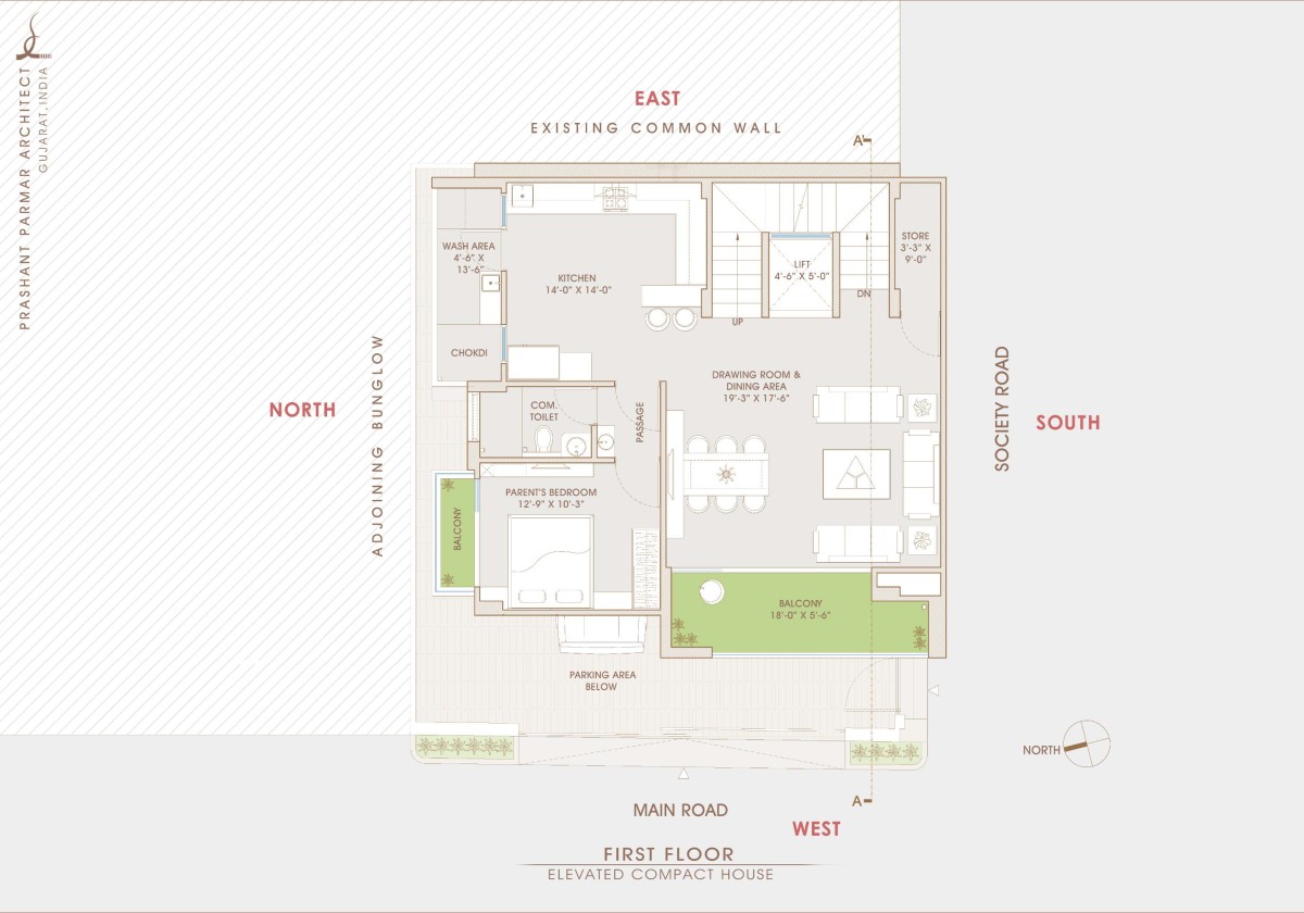 First floor plan of Elevated Compact House by Prashant Parmar Architect  Shayona Consultant