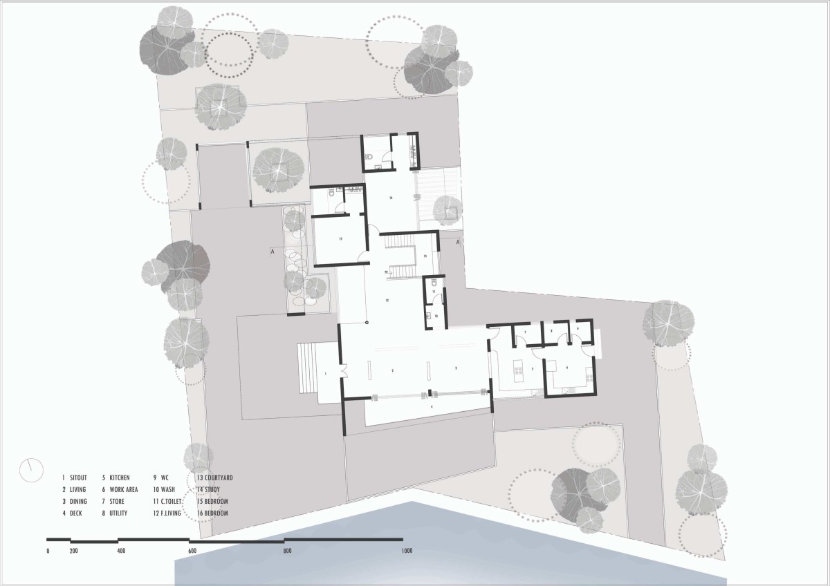 Ground floor plan of Milash Residence by Nufail Shabana Architects