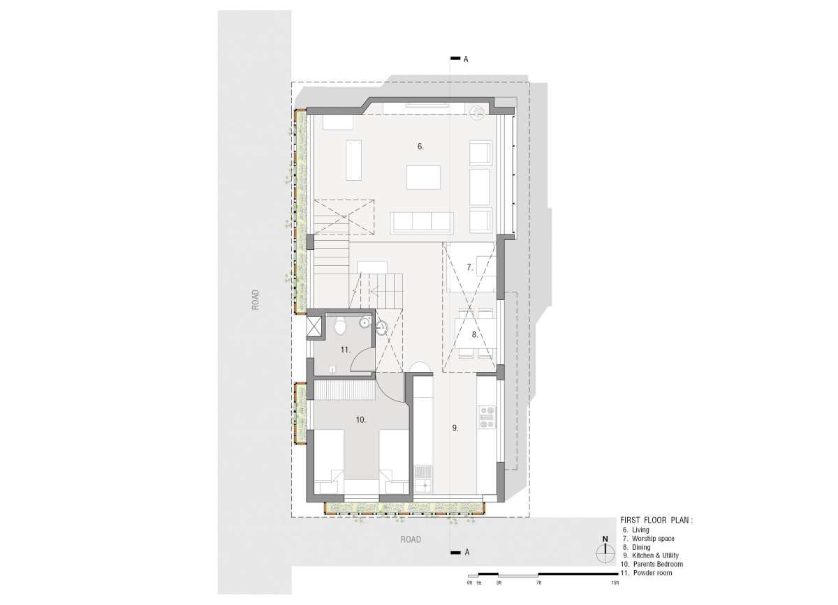First floor plan of Brindavana Residence by Veerajshet Design Studio