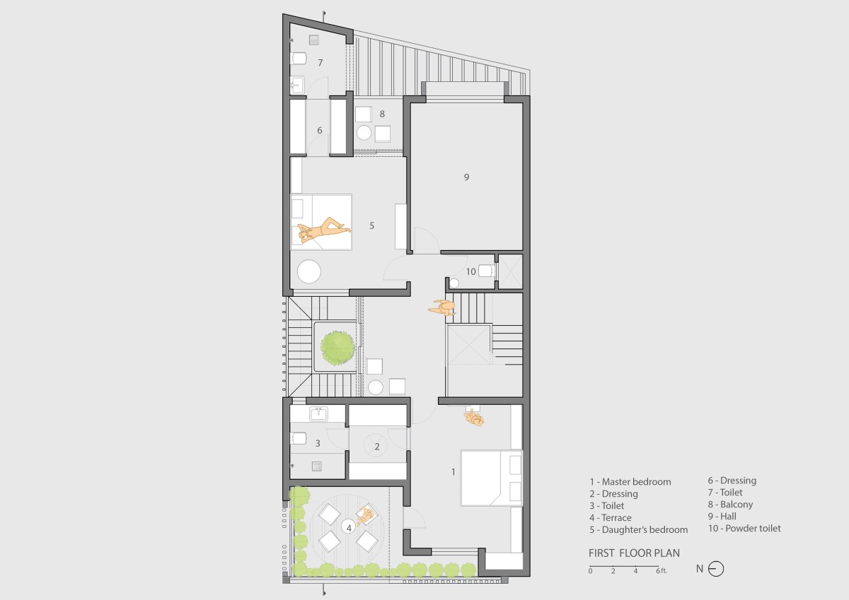 First Floor Plan ofDusk light exterior view of Jiruwala Residence by Arch Triangle