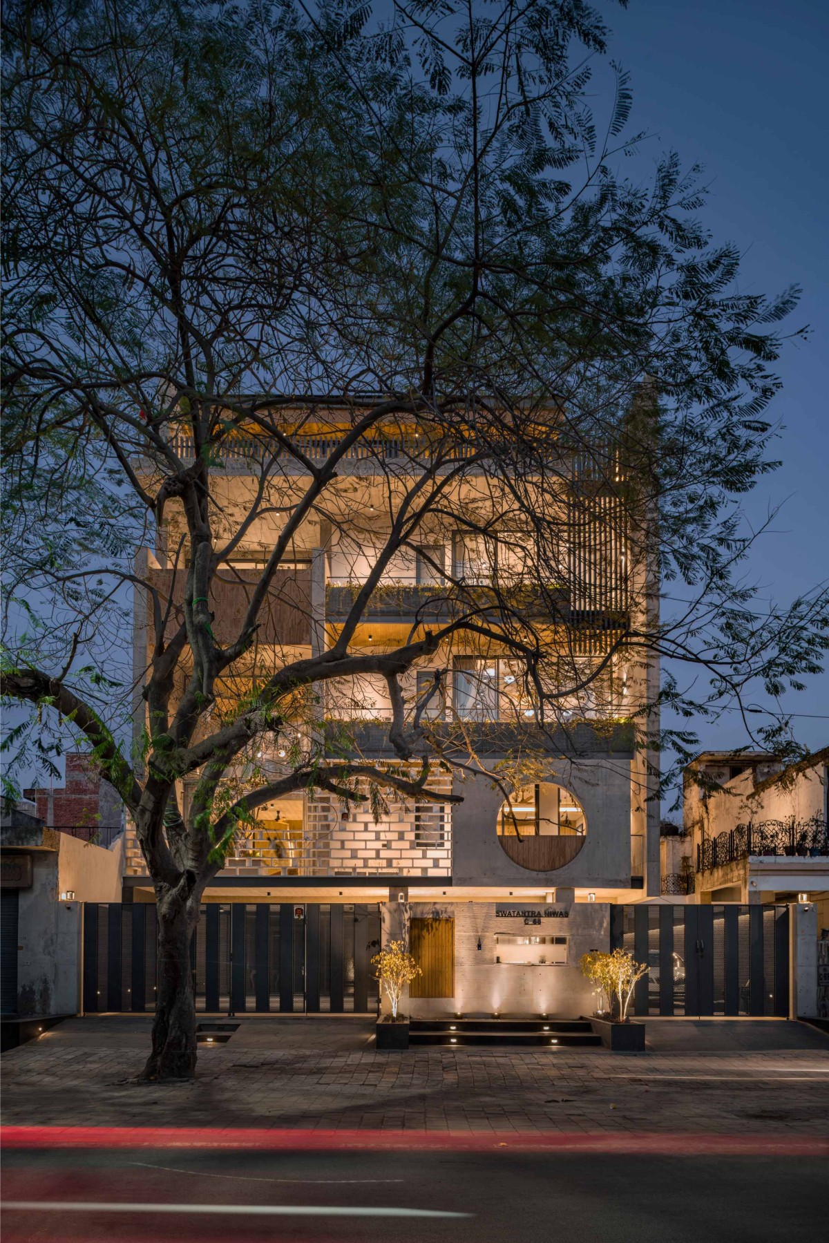 Dusk light exterior view of Swatantra Residence by Spaces Architects@ka