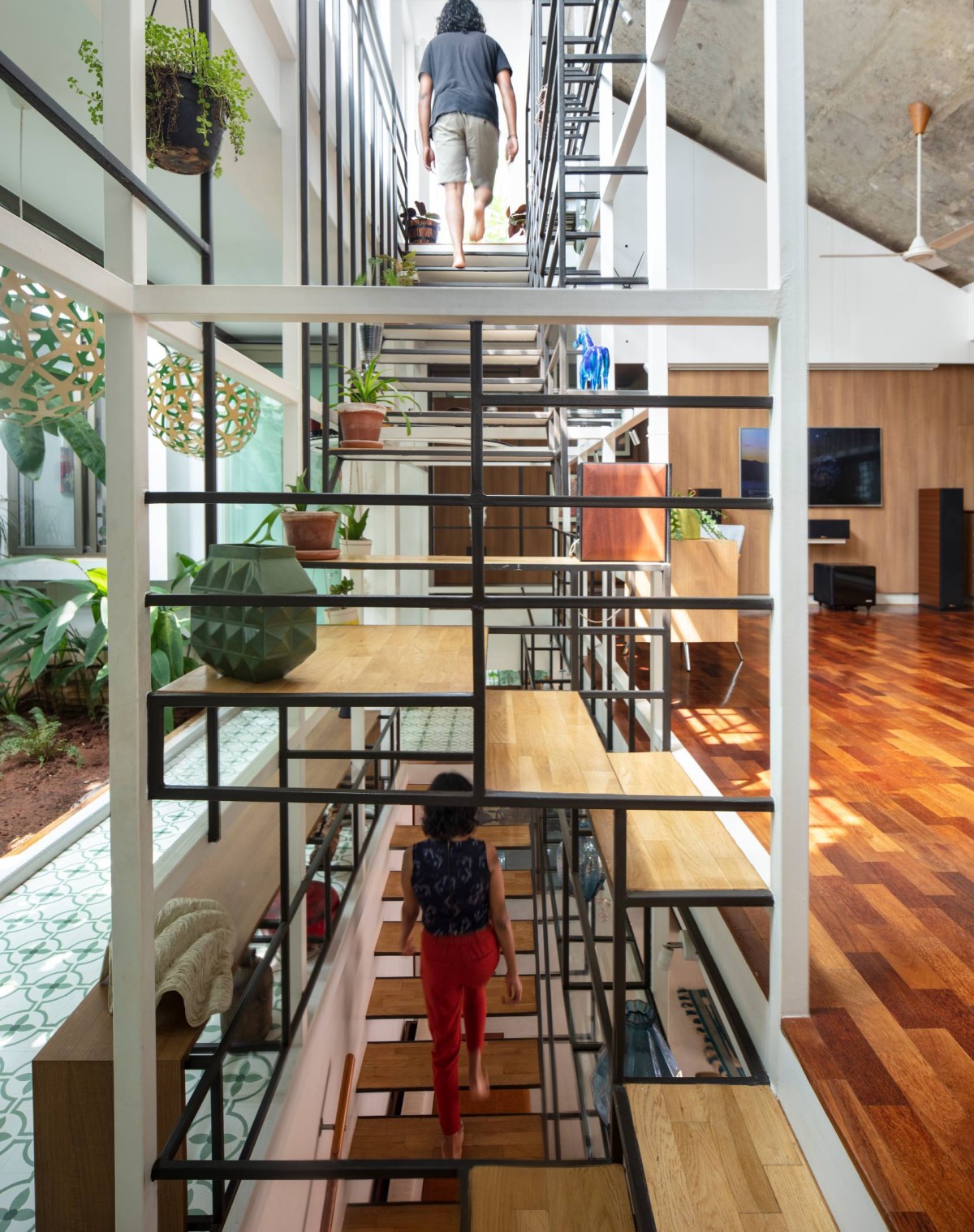 Ambulating the stairs contained in the Steel Space frame of Aadyam by Gaurav Roy Choudhury Architects