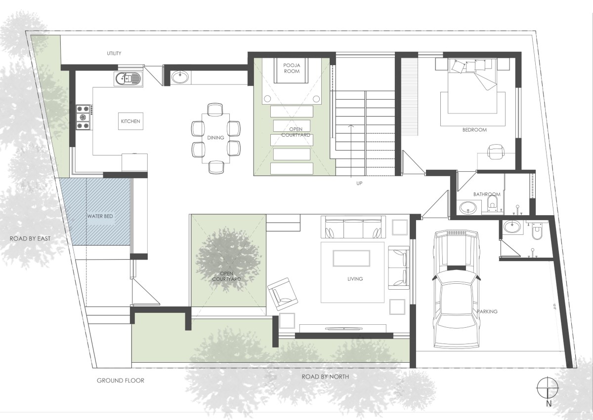 Ground Floor Plan of Twin Courtyard House by ID+AS Architects