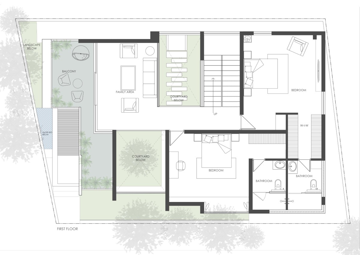 First Floor Plan of Twin Courtyard House by ID+AS Architects