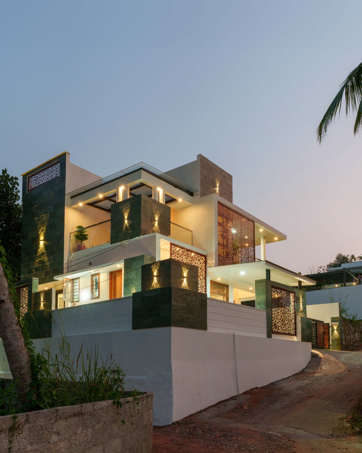Dusk light exterior view of Swasti by Stria Architects