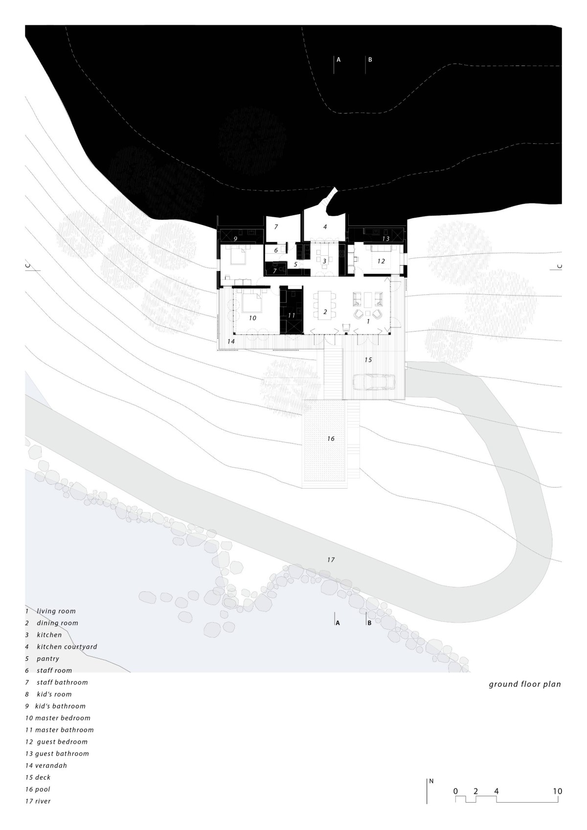 Ground floor plan of The Riparian House by Architecture BRIO