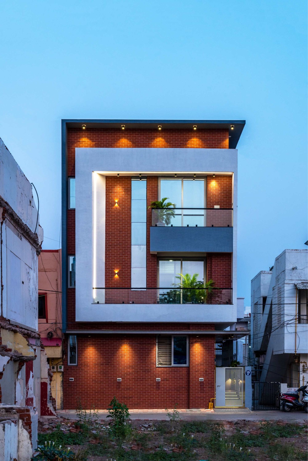 Dusk light exterior view of Parekh's Residence by J Architects