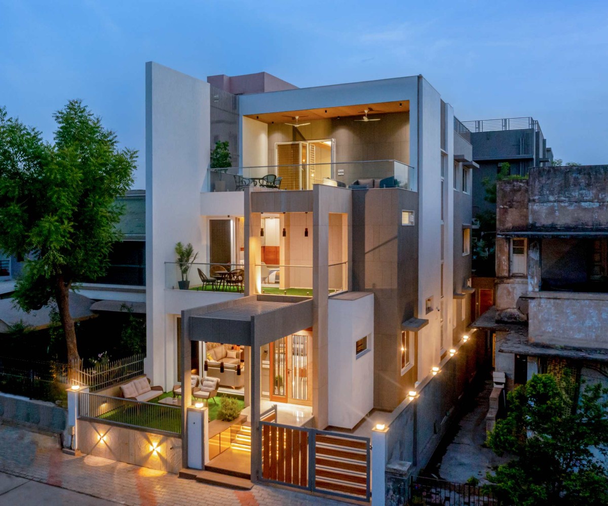 Dusk light exterior view of Narrow House by Prashant Parmar Architect