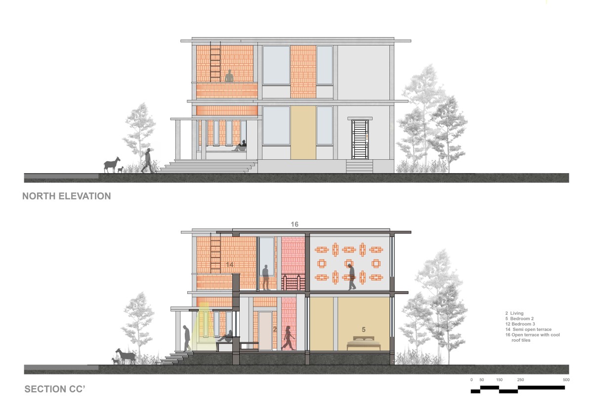 North Elevation and Section of Aadhi Residence by RP Architects