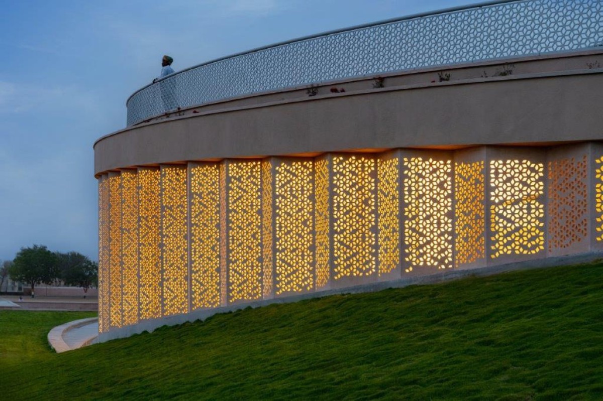 Dusk light exterior view of Nokha Village Community Centre by Sanjay Puri Architects