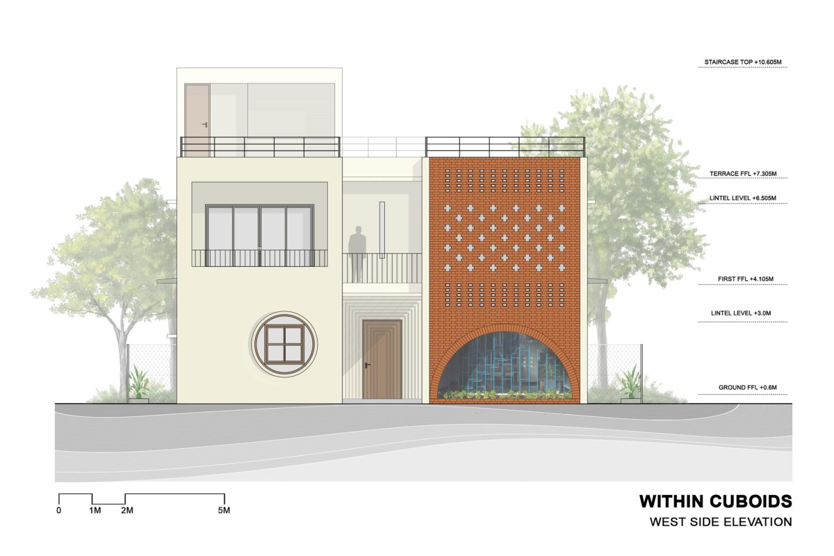 West Side (Front) Elevation of Within Cuboids by Alok Kothari Architects