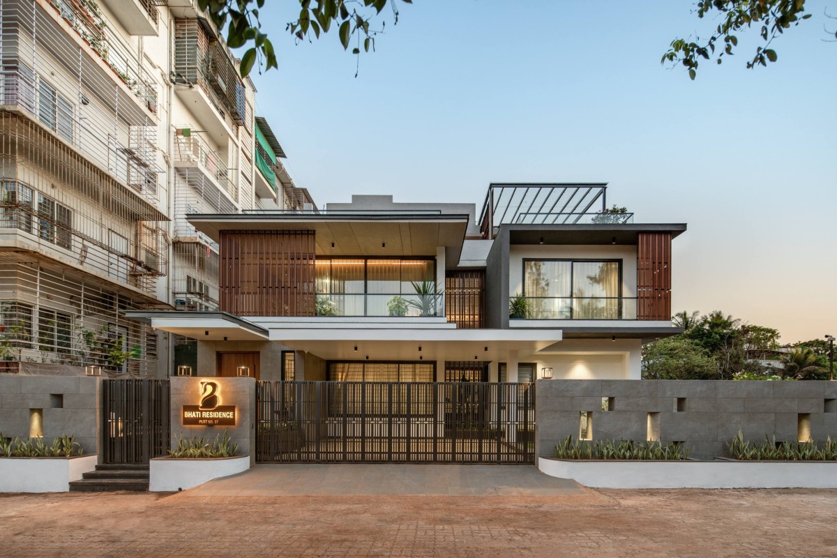 Dusk light exterior view of Lattice House by Jalihal Associates