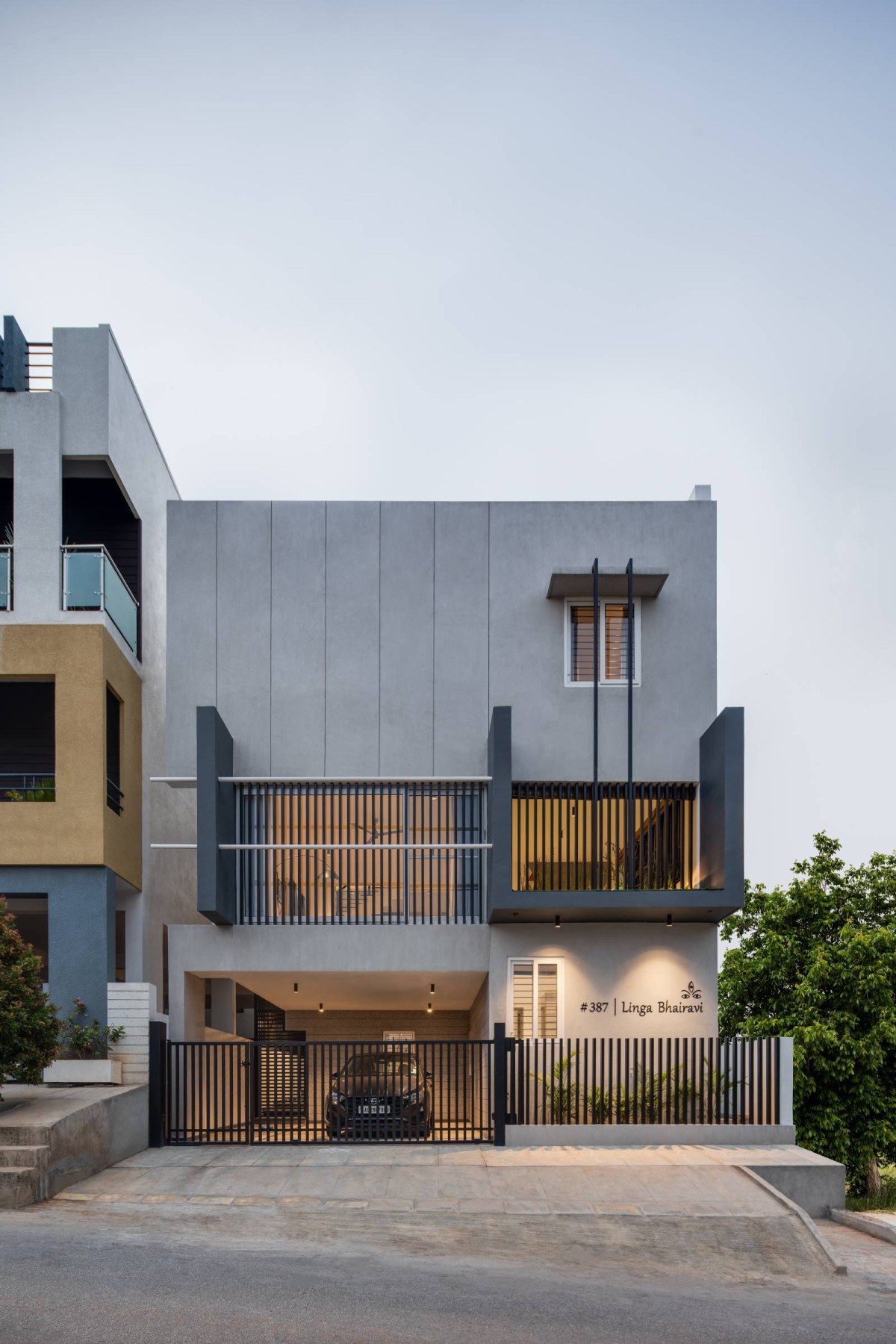 Dusk light exterior iew of Linga Bhairavi by Ashwin Architects