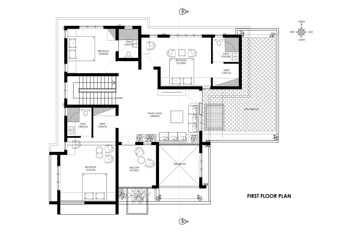 First floor plan of Brick Screen House by HONEYCOMB Architects