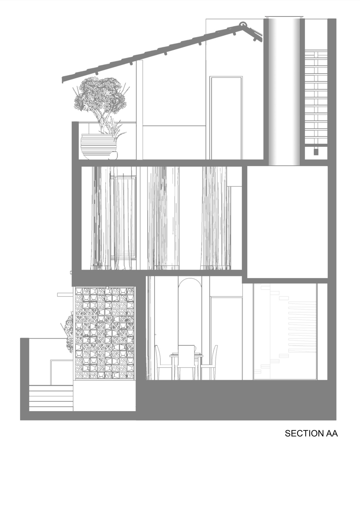 Section AA of Chainani House by Jagrut Shah Architect and Associates