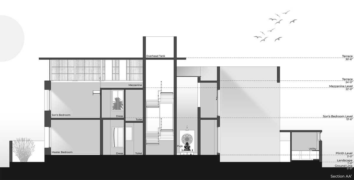 Section AA of The Modern Pastoral House by Sudaiva Studio