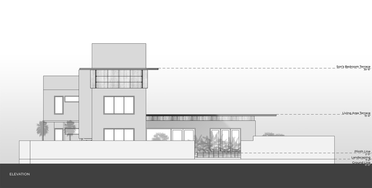 Elevation of The Modern Pastoral House by Sudaiva Studio