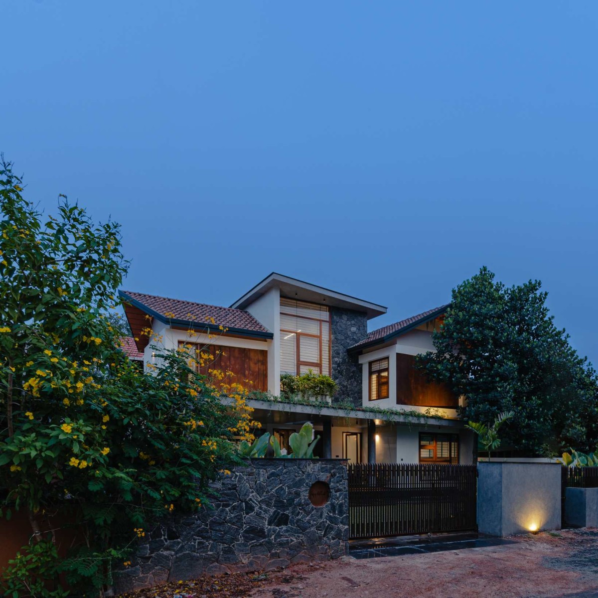 Dusk light exterior view of Dhvani by Bani Architects