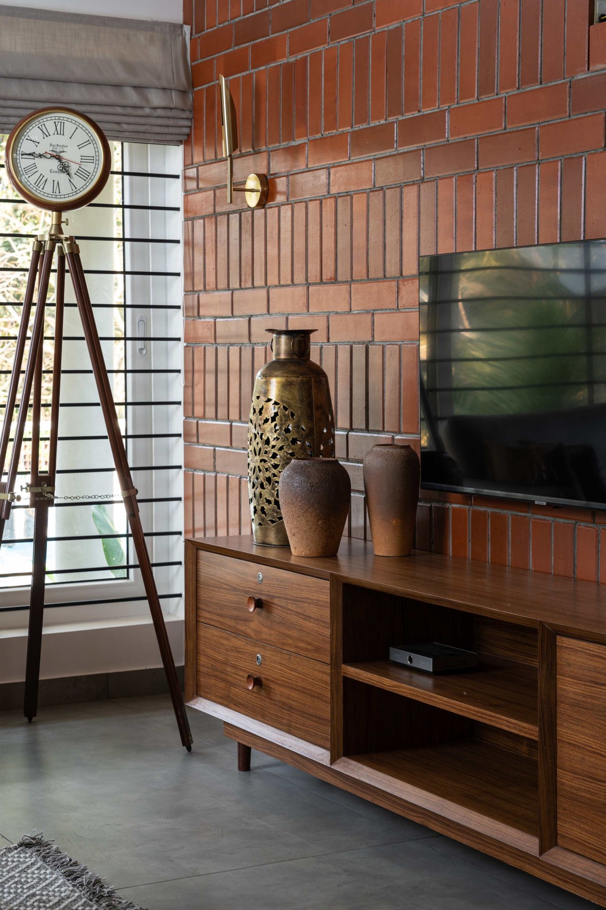 Detailed shot of TV unit, furniture and wall of Khayaal by Yuuga Designs