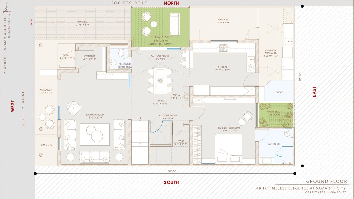 Ground Floor Plan of 4 BHK Timeless Elegance at Saamarth City by Prashant Parmar Architect