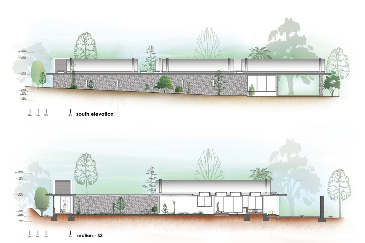 South Elevation and Section S3 of The Walls and Vaults House by LIJO.RENY.architects